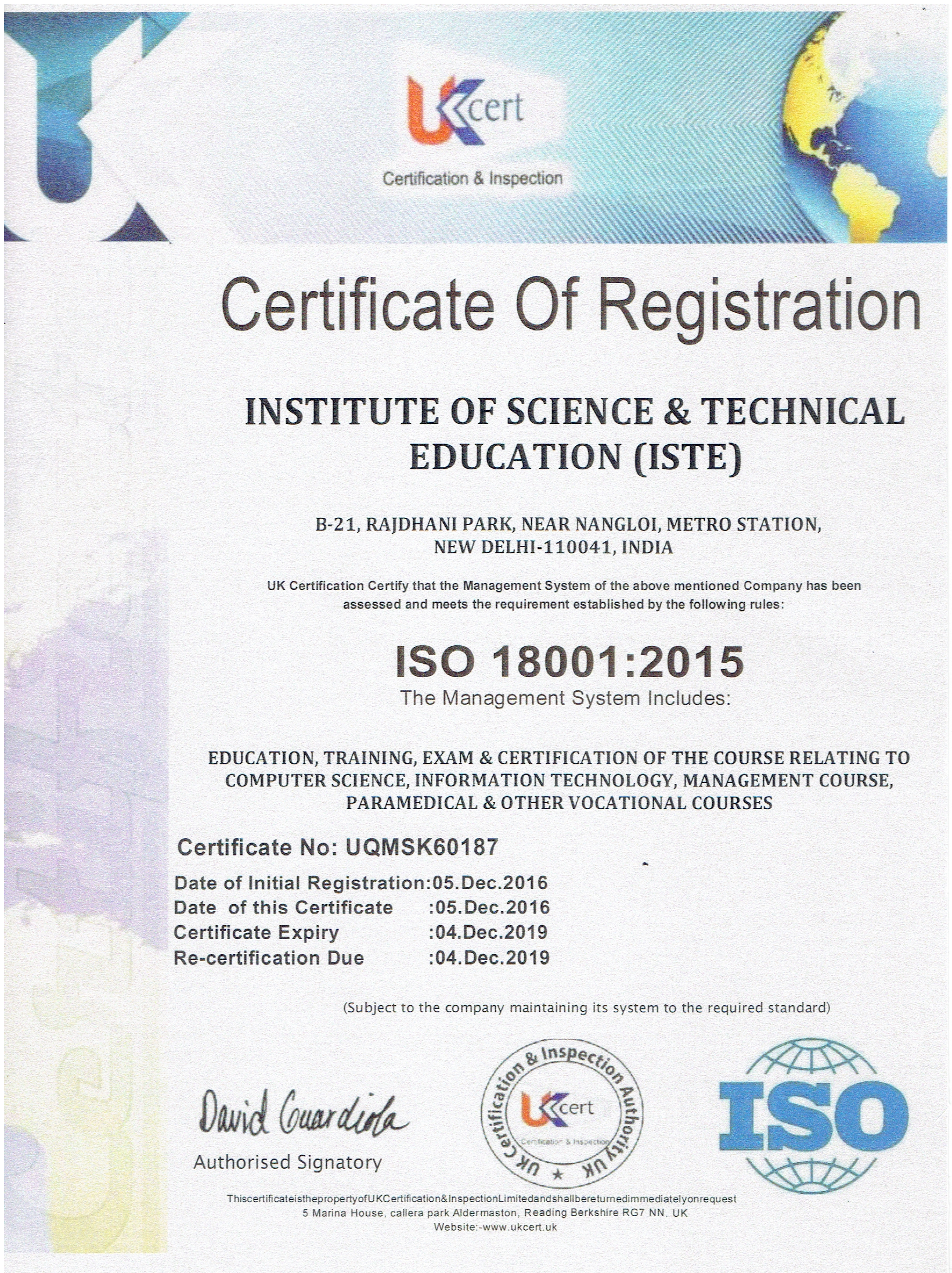 ISO 18001:2015 Certified Organization 